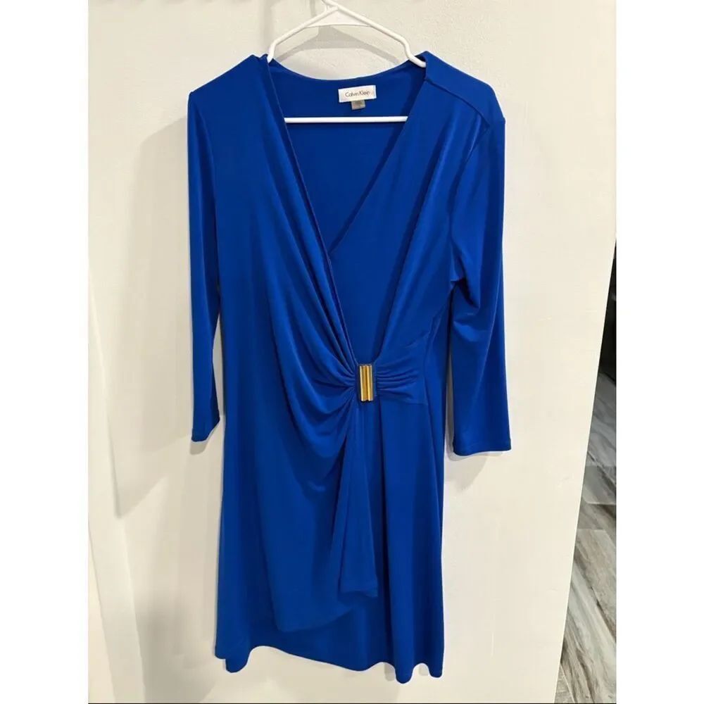 Calvin Klein Cobalt Blue V-Neck Twist-Front Long Sleeve Dress